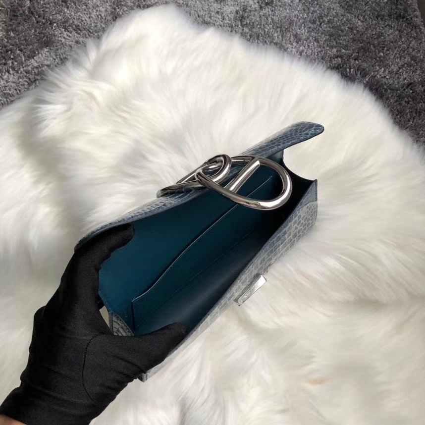 Hermès（爱马仕）亮面鳄鱼 ck75 牛仔蓝 Blue jean 银扣 顶级手缝 手拿包 晚宴包