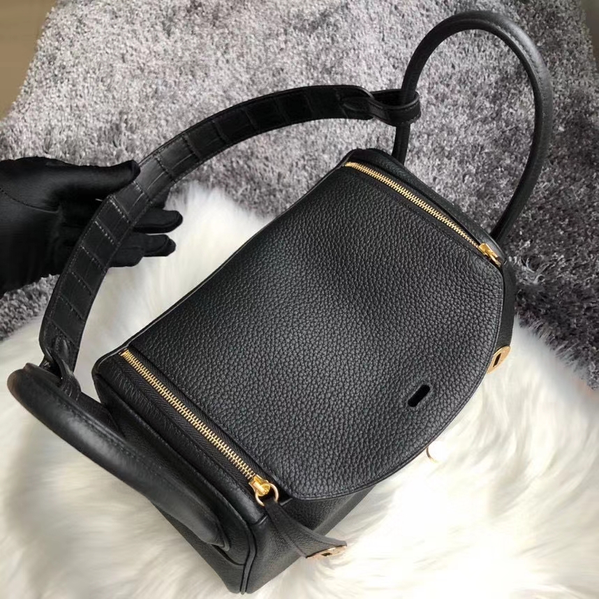 Hermès（爱马仕）Lindy 26cm ck89 黑色 Noir 拼 手腕鳄鱼 金扣 顶级手缝 定制