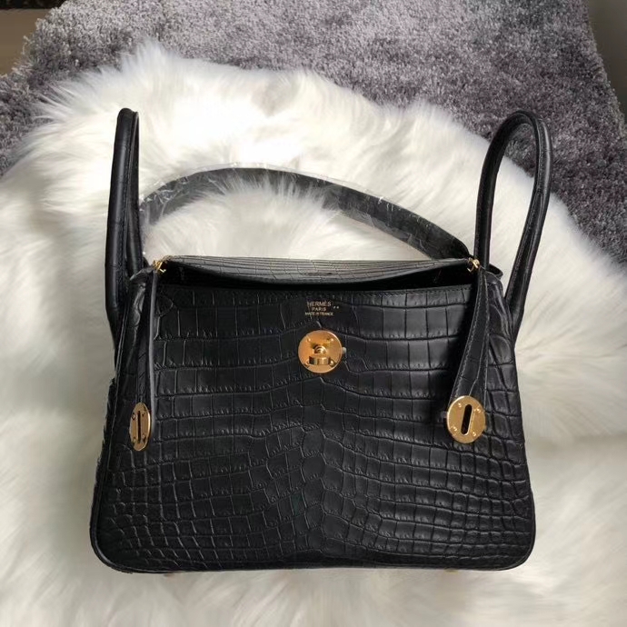 Hermès（爱马仕）Lindy 26cm Crocodie matt 雾面鳄鱼 ck89 黑色 Noir 金扣 顶级手缝 定制