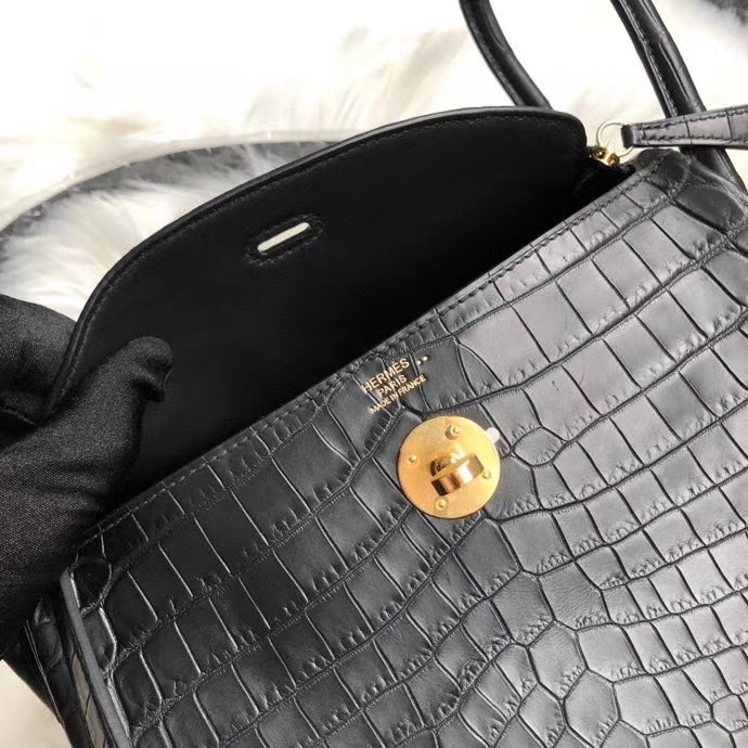 Hermès（爱马仕）Lindy 26cm Crocodie matt 雾面鳄鱼 ck89 黑色 Noir 金扣 顶级手缝 定制