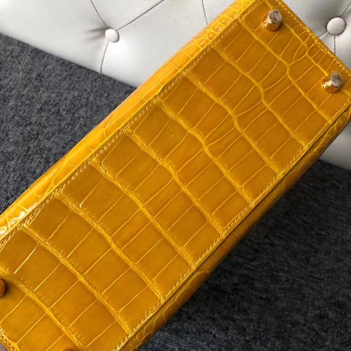 Hermès（爱马仕）Kelly 25cm Alligator shiny 亮面鳄鱼 9D 琥珀黄 Ambre 金扣 顶级手缝 现货