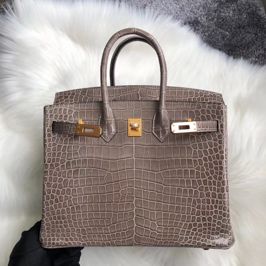 Hermès（爱马仕）Birkin 25cm Porosus shiny 亮面鳄鱼 ck18 斑鸠灰 Gris T 金扣 顶级手缝 定制