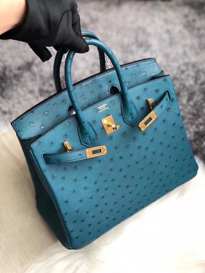 Hermès（爱马仕）Birkin 25cm Ostrich kk鸵鸟  7C 珊瑚蓝 金扣 顶级手缝 现货