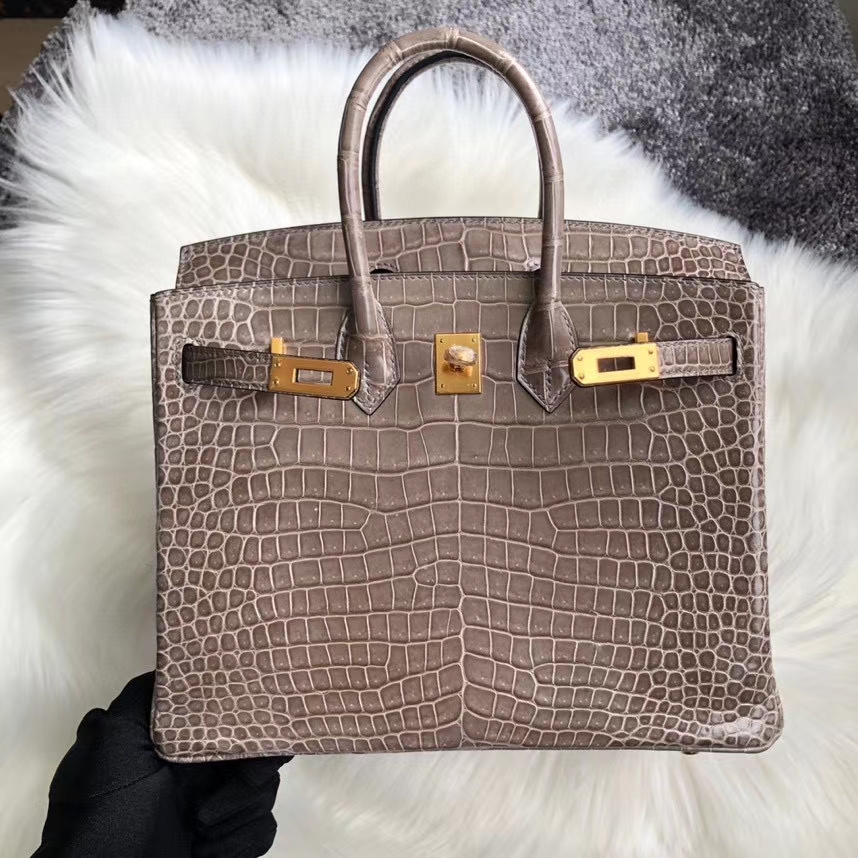 Hermès（爱马仕）Birkin 25cm Porosus shiny 亮面鳄鱼 ck18 斑鸠灰 Gris T 金扣 顶级手缝 定制