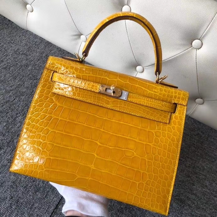 Hermès（爱马仕）Kelly 25cm Alligator shiny 亮面鳄鱼 9D 琥珀黄 Ambre 金扣 顶级手缝 现货