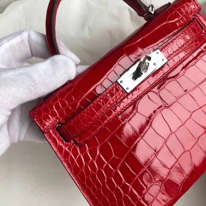 Hermès（爱马仕）Mini kelly ll alligator shiny 亮面鳄鱼 ck95 法拉利红 Braise 银扣 顶级手缝