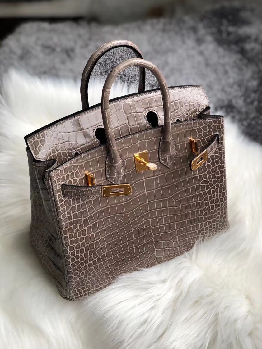 Hermès（爱马仕）Birkin 25cm Porosus shiny 亮面鳄鱼 ck18 斑鸠灰 Gris T 金扣 顶级手缝 定制