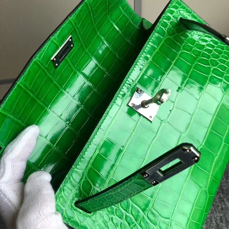 Hermès（爱马仕）Minikelly pochette 22cm  Alligator shiny 亮面鳄鱼  仙人掌绿 银扣 现货