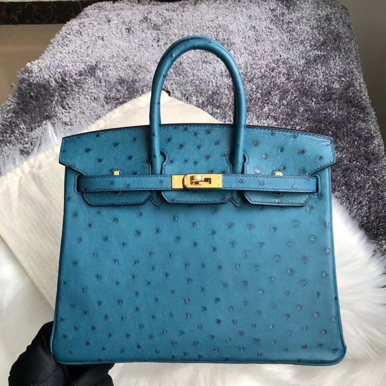 Hermès（爱马仕）Birkin 25cm Ostrich kk鸵鸟  7C 珊瑚蓝 金扣 顶级手缝 现货