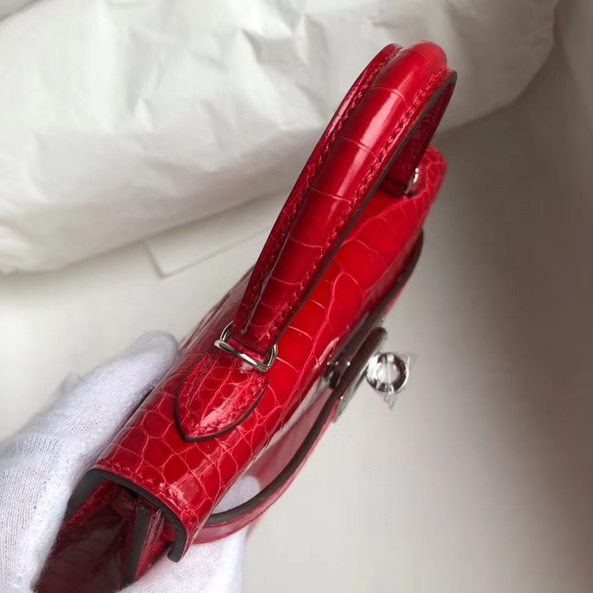 Hermès（爱马仕）Mini kelly ll alligator shiny 亮面鳄鱼 ck95 法拉利红 Braise 银扣 顶级手缝