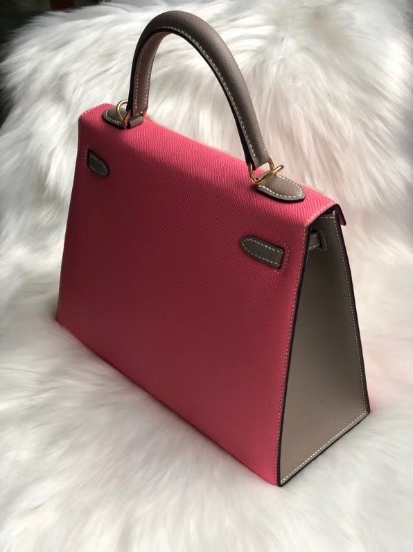 Hermès(爱马仕)Kelly 25cm Epsom 原厂掌纹皮 8w 唇膏粉拼ck18 大象灰 金扣 马蹄印 定制-拉尔森鳄鱼皮具定制 - 爱马仕包包官网 Hermès(爱马仕)Kelly 25cm Epsom 原厂掌纹皮 8w 唇膏粉拼ck18 大象灰 金扣 马蹄印 定制