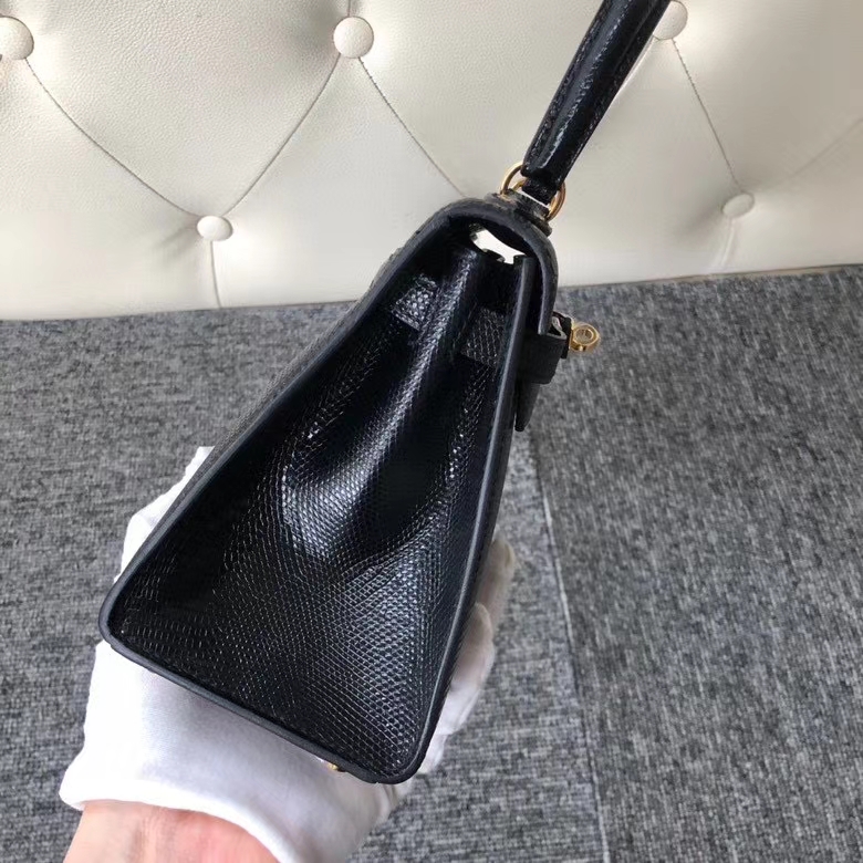 Hermès(爱马仕)Kelly 20cm 大耳朵 蜥蜴皮 Lizard ck89 黑色 金扣 定制款-拉尔森鳄鱼皮具定制 - 爱马仕包包官网 Hermès(爱马仕)Kelly 20cm 大耳朵 蜥蜴皮 Lizard ck89 黑色 金扣 定制款