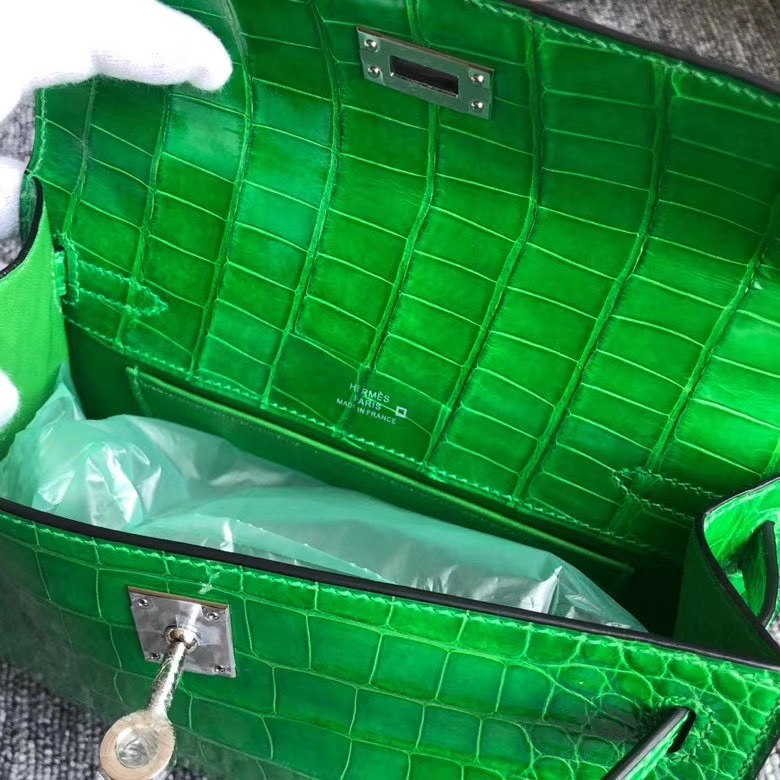 Hermès（爱马仕）Minikelly pochette 22cm  Alligator shiny 亮面鳄鱼  仙人掌绿 银扣 现货