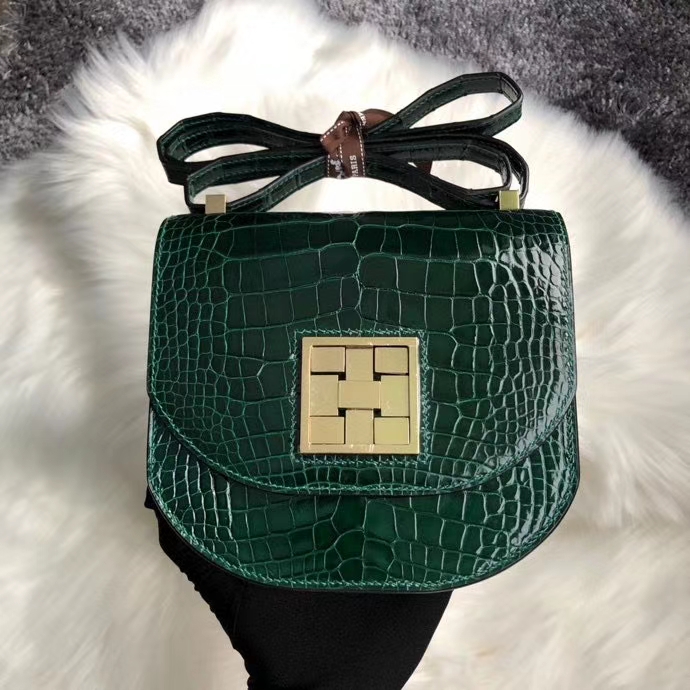 Hermès（爱马仕）马赛克17cm Alligator shiny 亮面鳄鱼 ck67 祖母绿 vert fonce 金扣 定制