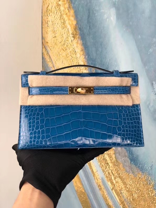 Hermès(爱马仕)Minikelly pochette 7Q 希腊蓝 mykonos 金扣 顶级手缝 手拿包 晚宴包 22cm-拉尔森鳄鱼皮具定制 - 爱马仕包包官网 Hermès(爱马仕)Minikelly pochette 7Q 希腊蓝 mykonos 金扣 顶级手缝 手拿包 晚宴包 22cm
