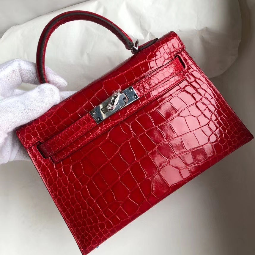 Hermès（爱马仕）Mini kelly ll alligator shiny 亮面鳄鱼 ck95 法拉利红 Braise 银扣 顶级手缝