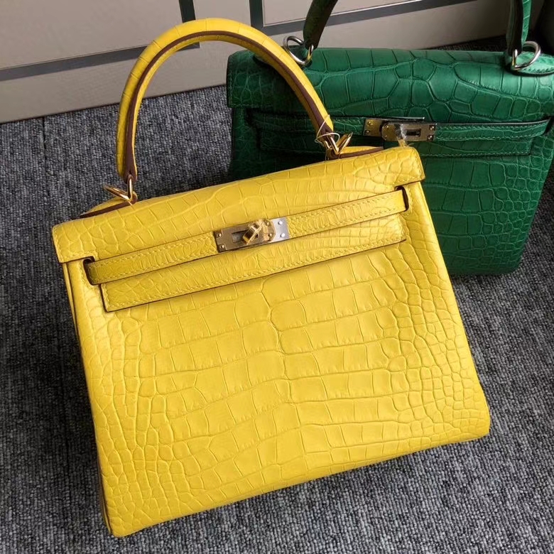 Hermès（爱马仕）Kelly 25cm Alligator matt 雾面鳄鱼 m9 金盏花黄 金扣 顶级手缝 现货