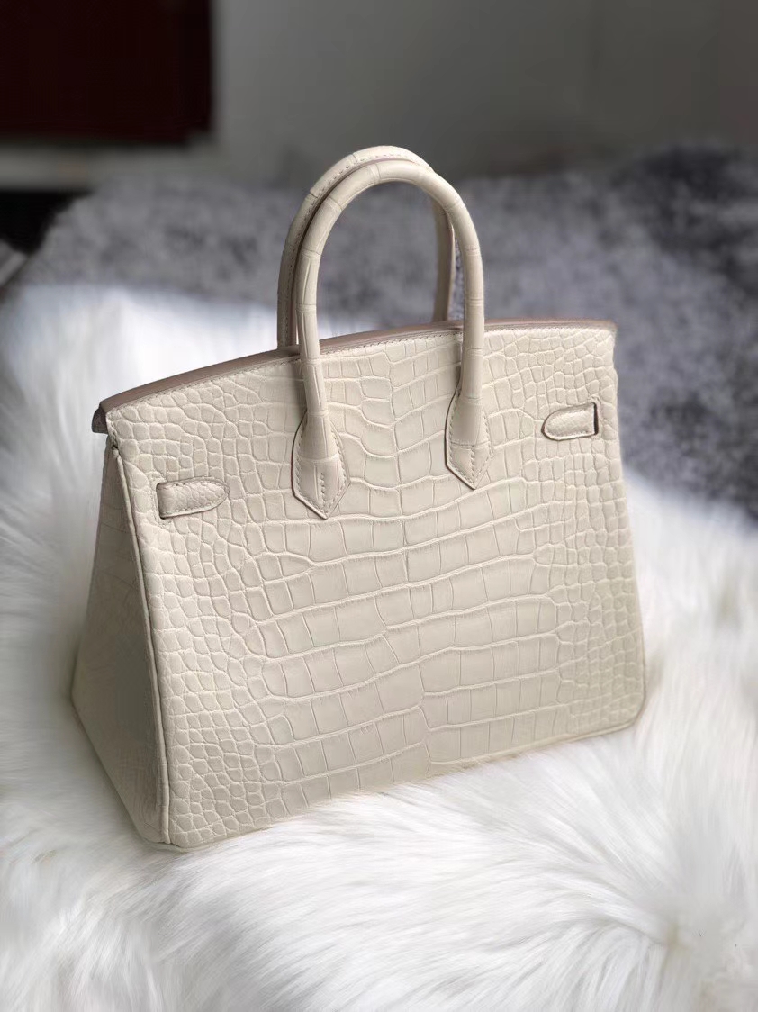 Hermès（爱马仕）Birkin 25cm Alligator matt 雾面鳄鱼 8L 奶油白 Beton 银扣