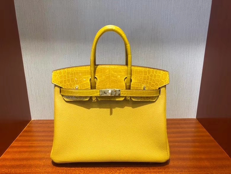 Hermès（爱马仕）Birkin 25cm  Touch 9D琥珀黄 拼亮面鳄鱼琥珀黄 金扣 顶级 手缝 现货