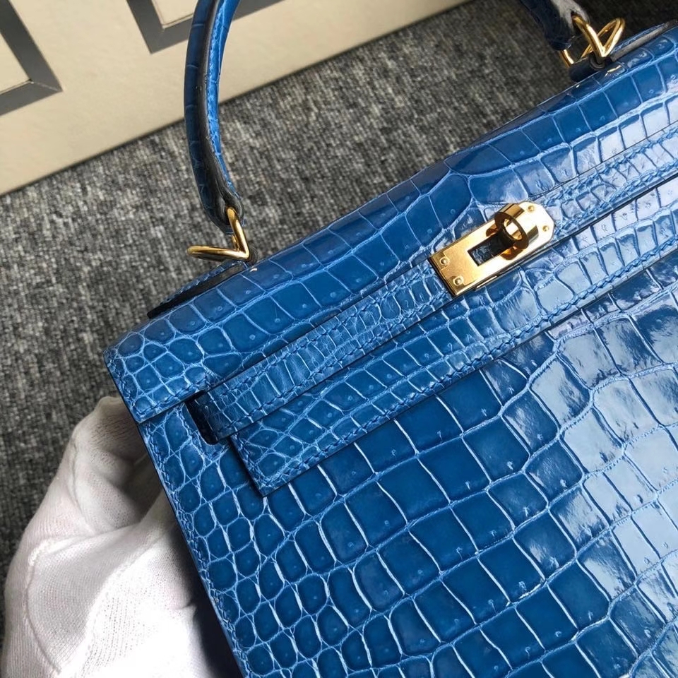 Hermès（爱马仕）Kelly 25cm porosus shiny 亮面澳洲湾鳄 7Ｑ 希腊蓝  金扣 正品五金 现货