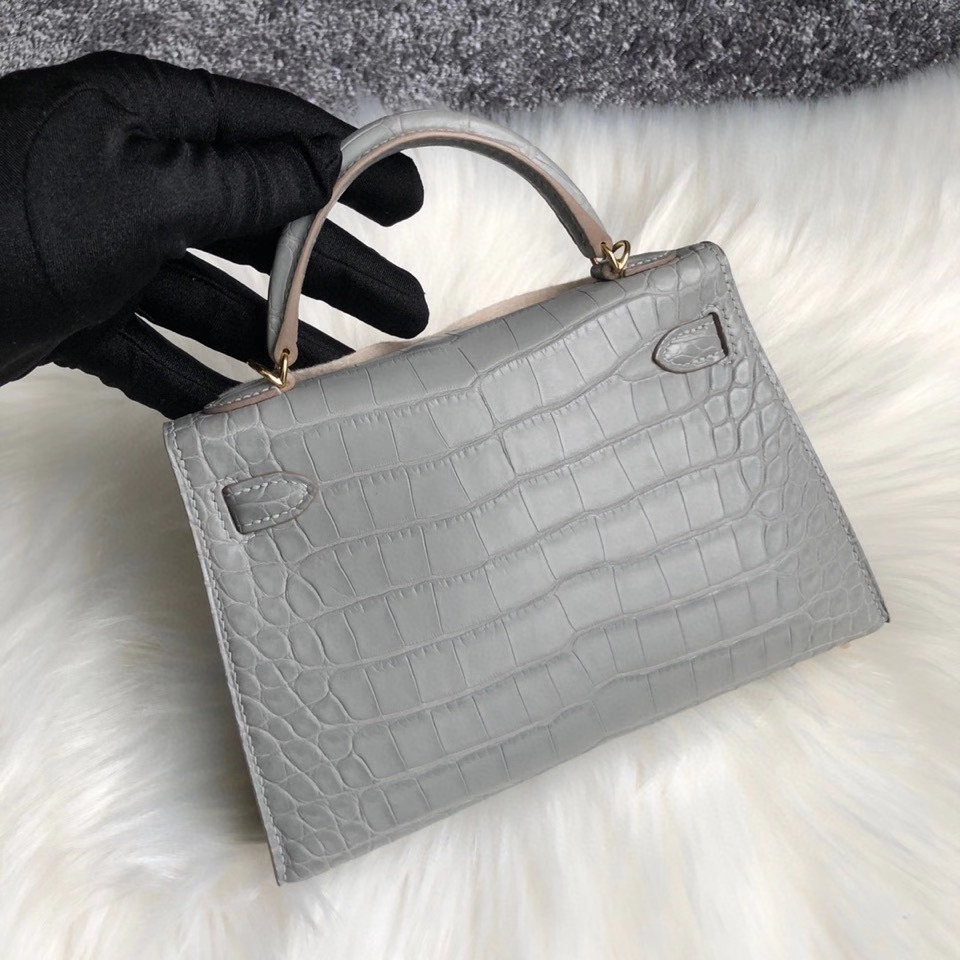 Hermès（爱马仕）Mini kelly Alligator matt 雾面鳄鱼 ck80 珍珠灰 金扣 顶级手缝
