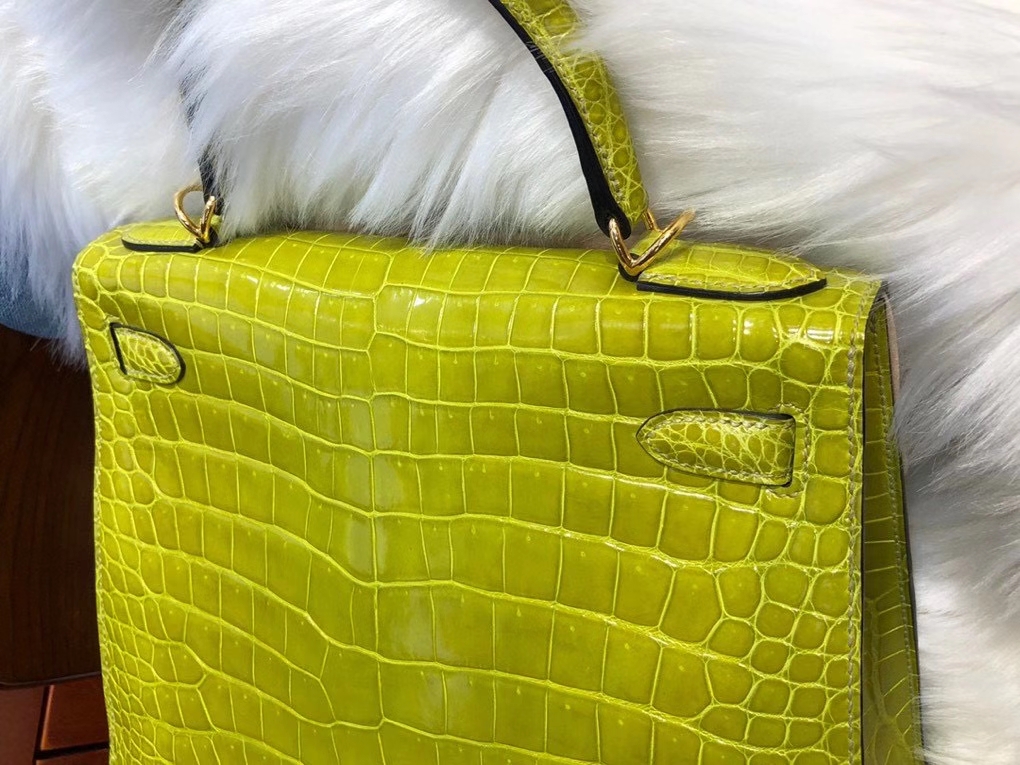 Hermès（爱马仕）Kelly 28cm Porosus shiny 亮面澳洲湾鳄 6R 奇异果绿 金扣 顶级手缝 品相超美 现货