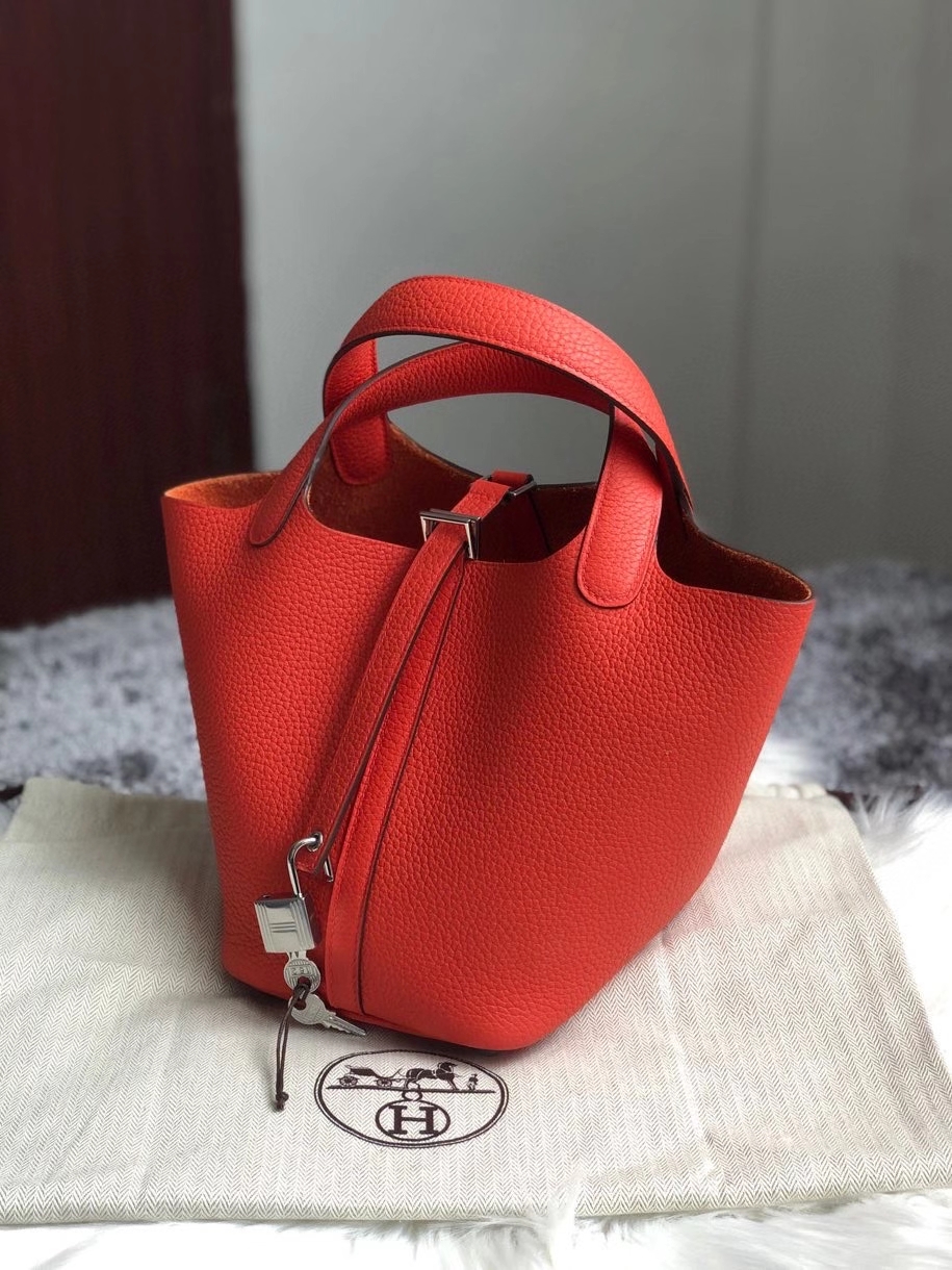 Hermès（爱马仕）Picotin 菜篮包 18cm 原厂御用顶级皮 clememce 9J 火焰橙 银扣 顶级手缝