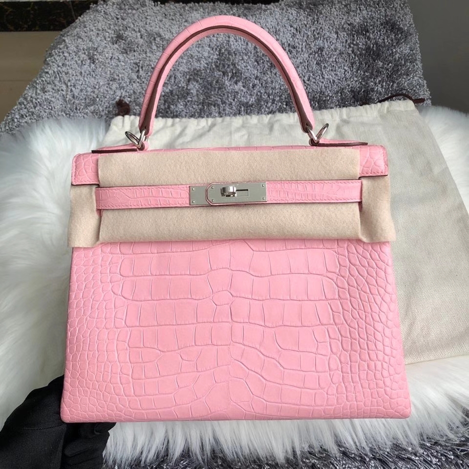 Hermès（爱马仕）Kelly 28cm Alligator matt 雾面鳄鱼 5p 樱花粉 银扣 顶级手缝 现货