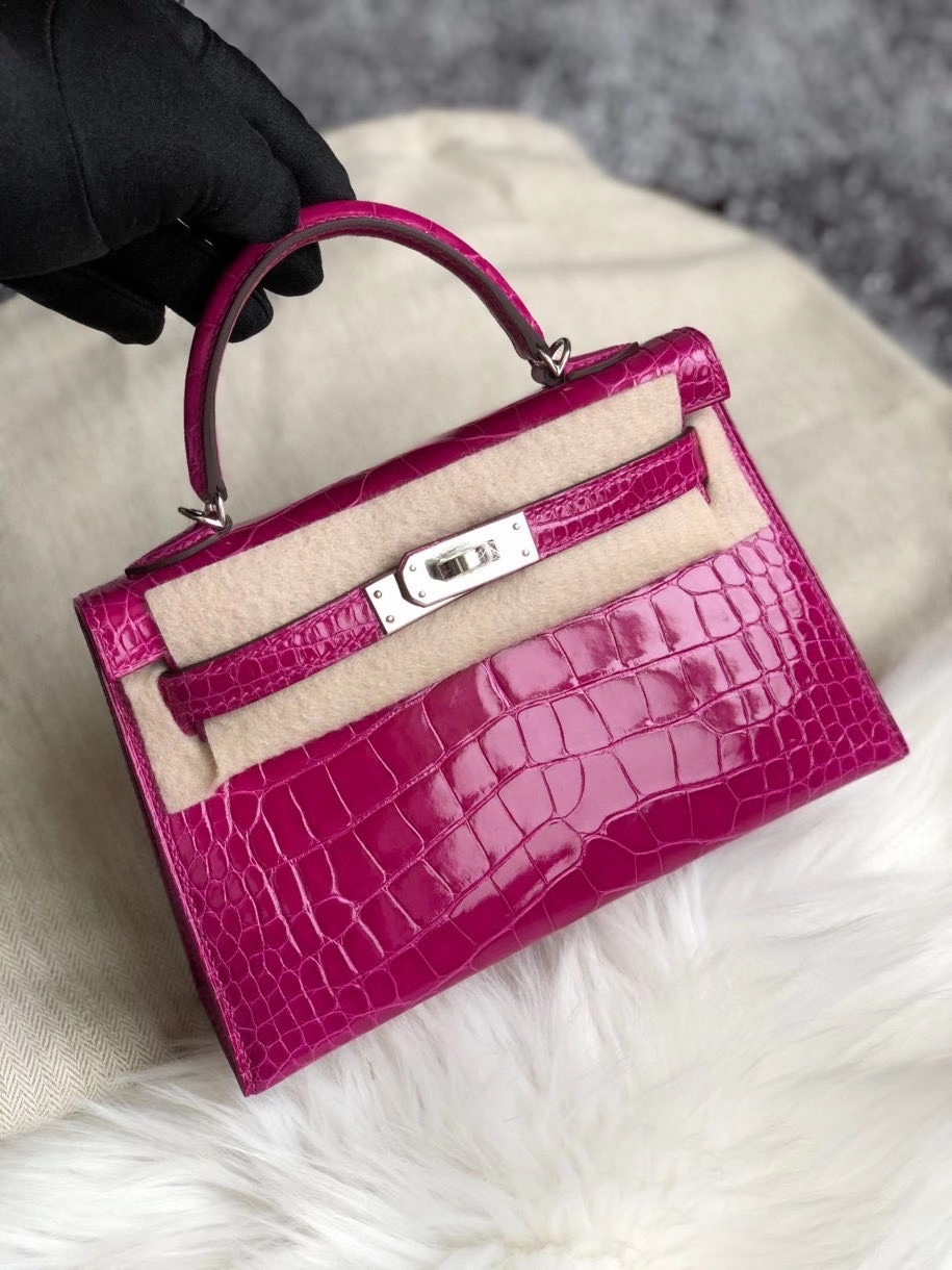 Hermès（爱马仕）Mini kelly ll Alligator shiny 亮面鳄鱼 J5 天方夜谭粉紫 银扣 顶级手缝 现货