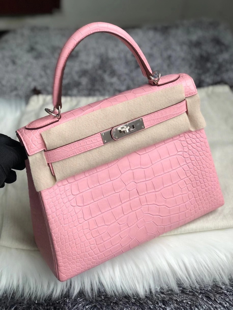 Hermès（爱马仕）Kelly 28cm Alligator matt 雾面鳄鱼 5p 樱花粉 银扣 顶级手缝 现货