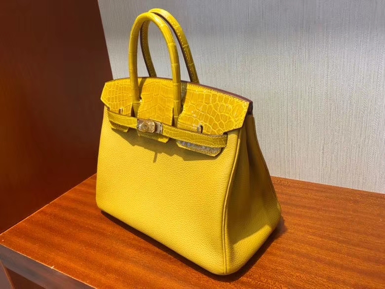 Hermès（爱马仕）Birkin 25cm  Touch 9D琥珀黄 拼亮面鳄鱼琥珀黄 金扣 顶级 手缝 现货