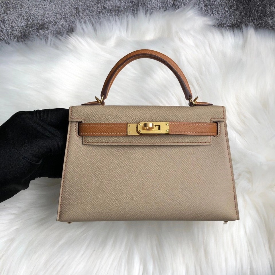Hermès（爱马仕）Mini kelly ll Epsom 原厂掌纹皮 S2 风衣灰拼 金棕色 gold 金扣 马蹄印 顶级手缝 定制