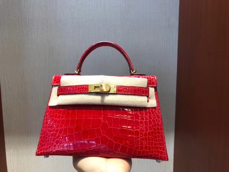 Hermès（爱马仕）Mini kelly ll Alligator shiny 亮面鳄鱼 ck95 法拉利红 Braise 金扣 现货