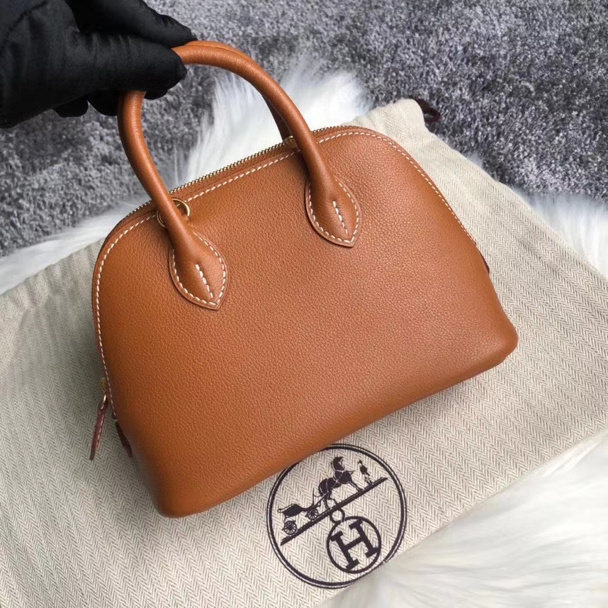 Hermès（爱马仕）Mini bolide 山羊皮Chevre 金棕色 金扣 顶级手缝 定制
