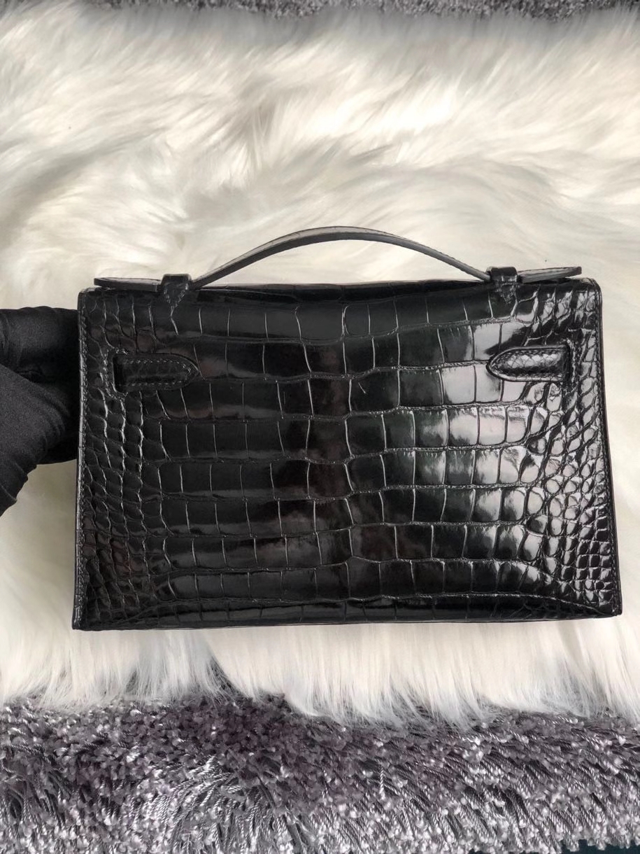 Hermès（爱马仕）Mini kelly pochette 22cm Alligator shiny 亮面鳄鱼 ck89 黑色 银扣 手拿包 晚宴包