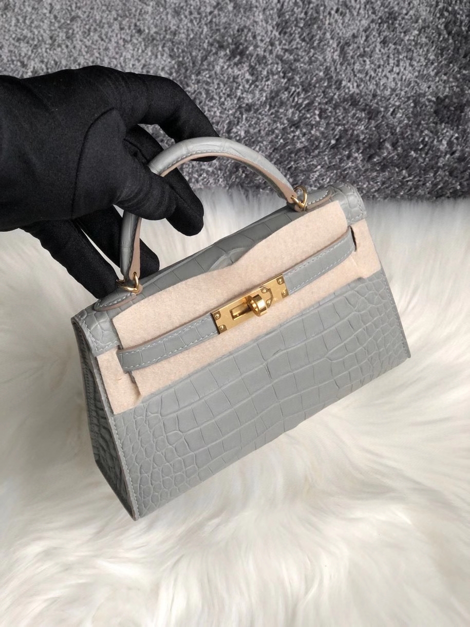 Hermès（爱马仕）Mini kelly Alligator matt 雾面鳄鱼 ck80 珍珠灰 金扣 顶级手缝