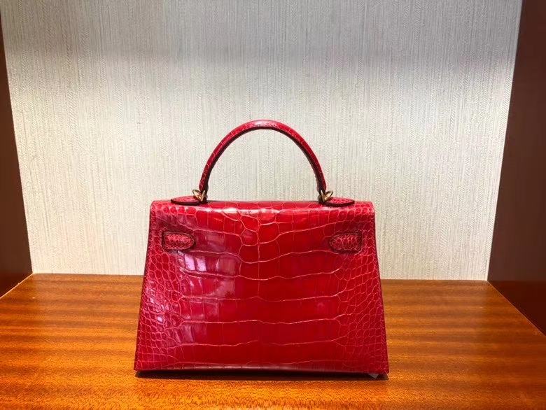 Hermès（爱马仕）Mini kelly ll Alligator shiny 亮面鳄鱼 ck95 法拉利红 Braise 金扣 现货