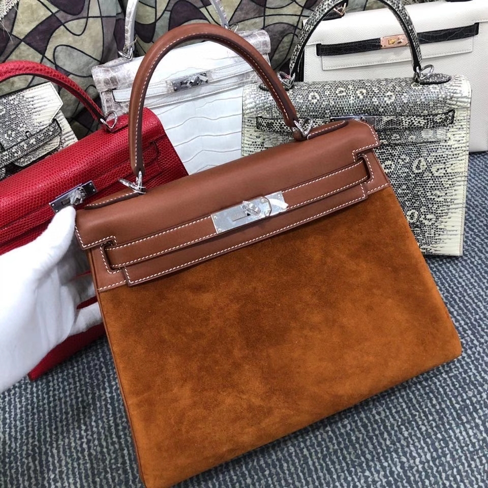 Hermès（爱马仕）Kelly 28cm 麂皮 金棕色拼马鞍皮棕色 银扣 顶级手缝