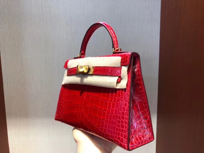 Hermès（爱马仕）Mini kelly ll Alligator shiny 亮面鳄鱼 ck95 法拉利红 Braise 金扣 现货
