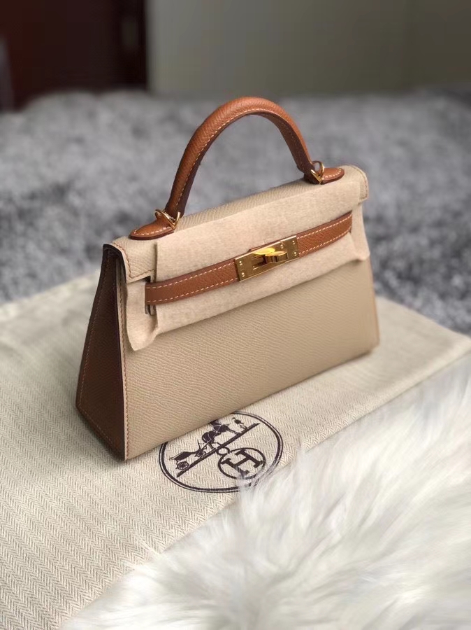 Hermès（爱马仕）mini kelly ll Epsom 原厂掌纹皮  S2 风衣灰拼ck37 金棕色 金扣 马蹄印 定制