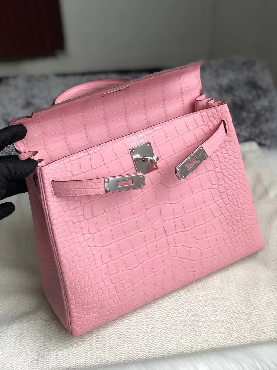 Hermès（爱马仕）Kelly 28cm Alligator matt 雾面鳄鱼 5p 樱花粉 银扣 顶级手缝 现货