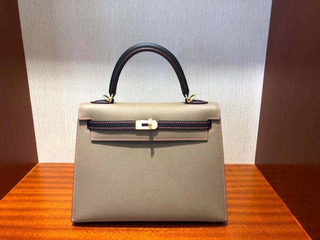 Hermès（爱马仕）Kelly 25cm Epsom 原厂掌纹皮 M8 沥青灰拼ck89 黑色  唇膏粉线  拉丝金扣