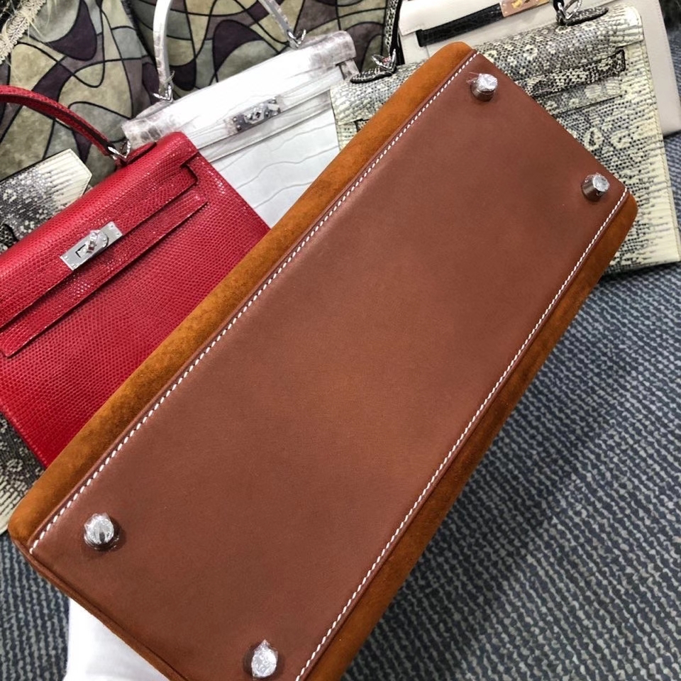 Hermès（爱马仕）Kelly 28cm 麂皮 金棕色拼马鞍皮棕色 银扣 顶级手缝