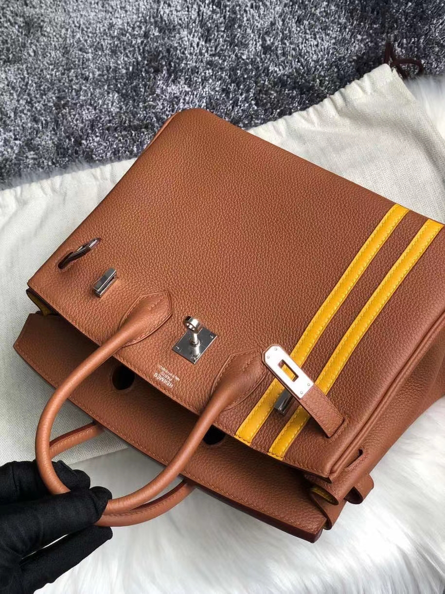 Hermès(爱马仕)Birkin 25cm 原厂小牛皮 ck37金棕色 拼双杠琥珀黄 银扣 顶级手缝 超美-拉尔森鳄鱼皮具定制 - 爱马仕包包官网 Hermès(爱马仕)Birkin 25cm 原厂小牛皮 ck37金棕色 拼双杠琥珀黄 银扣 顶级手缝 超美
