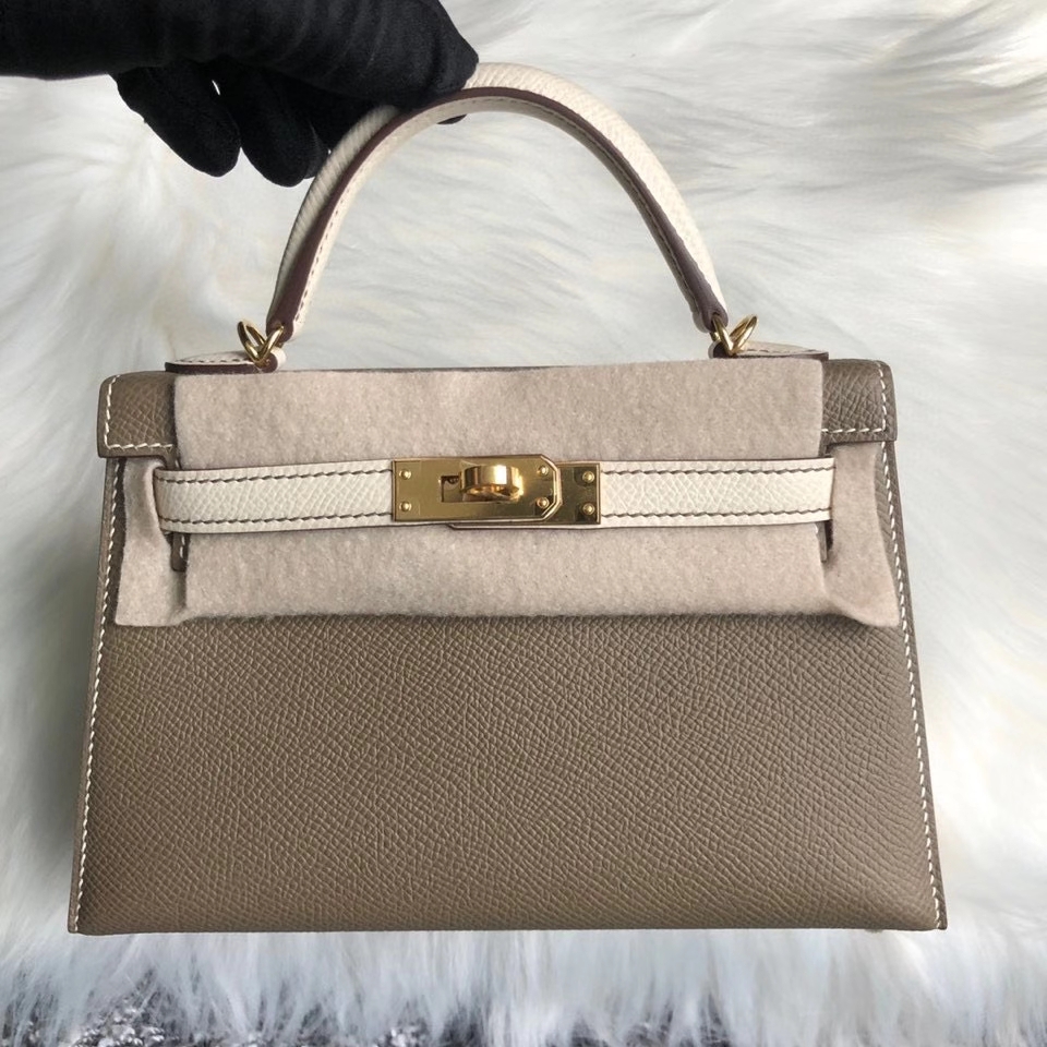 Hermès（爱马仕）Minikelly ll 原厂御用掌纹皮 ck18 大象灰 拼 ck10 奶昔白 金扣 马蹄印 顶级手缝 现货