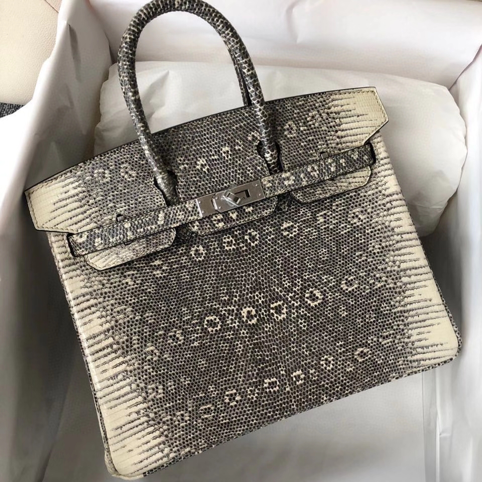 Hermès（爱马仕）Birkin 25cm Lizard 进口亮面蜥蜴 01原色 小喜马拉雅色 银扣 顶级手缝 现货