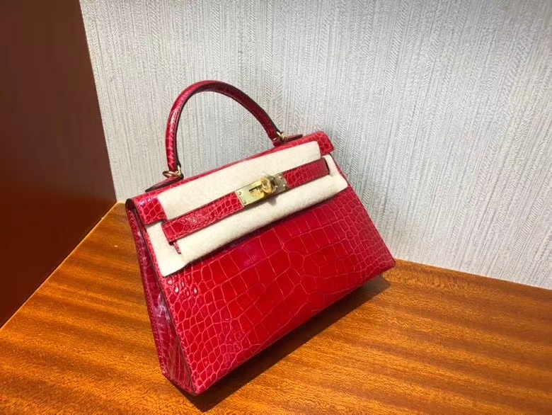 Hermès（爱马仕）Mini kelly ll Alligator shiny 亮面鳄鱼 ck95 法拉利红 Braise 金扣 现货