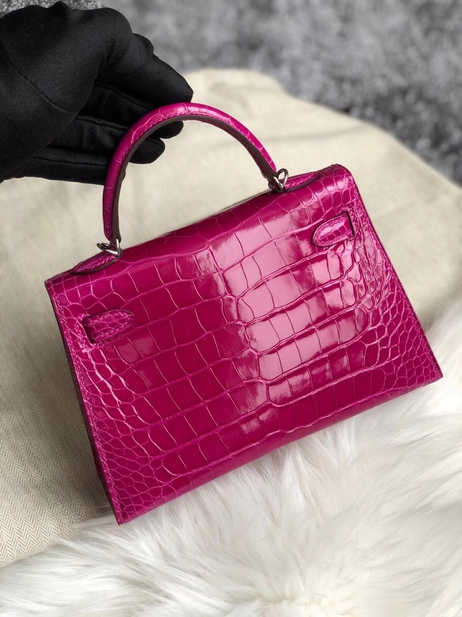 Hermès（爱马仕）Mini kelly ll Alligator shiny 亮面鳄鱼 J5 天方夜谭粉紫 银扣 顶级手缝 现货