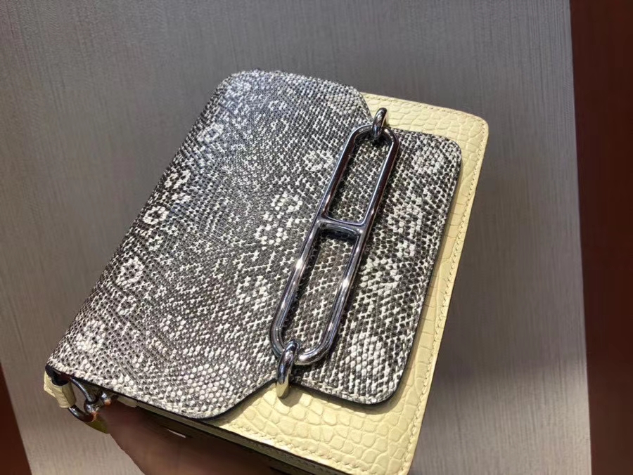 Hermès（爱马仕）Roulis 18cm  Alligator matt 雾面鳄鱼 Y1 香草色  拼Lizard 原色 小喜马拉雅色 银扣 现货