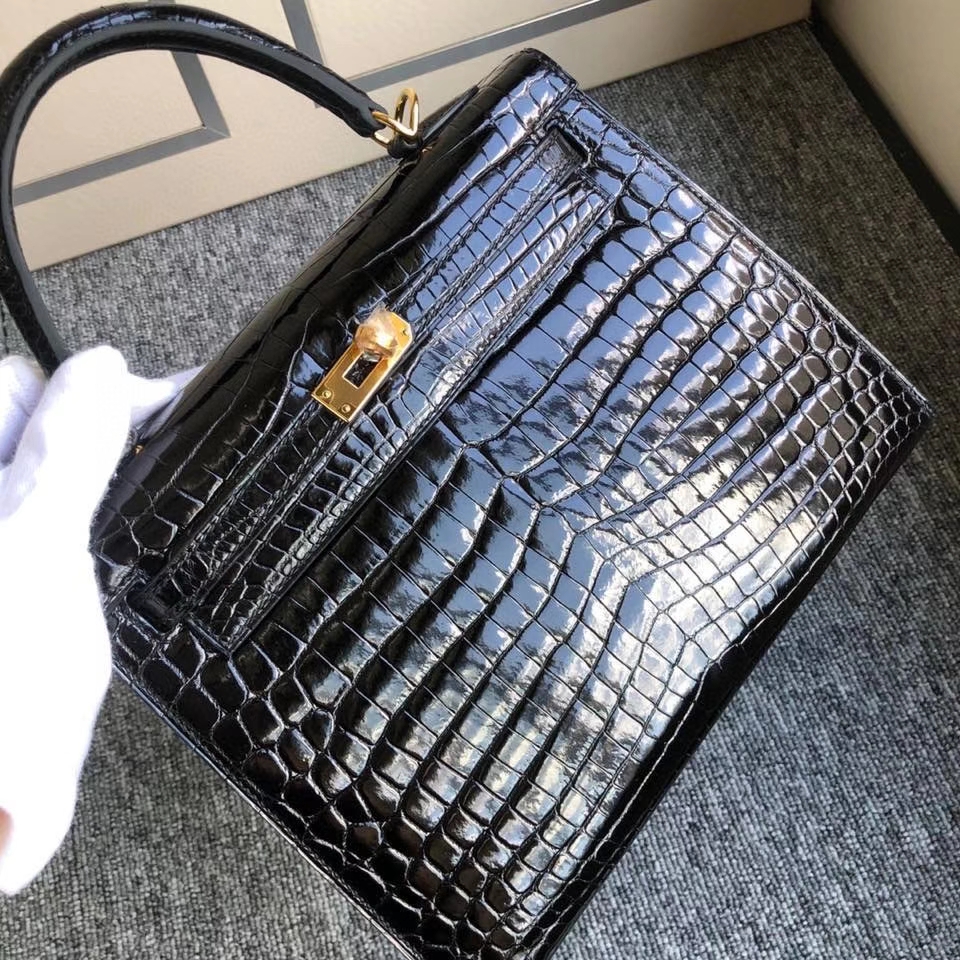 Hermès（爱马仕）Kelly 25cm Crocodile shiny 亮面鳄鱼 ck89 黑色 Noir 金扣 正品五金 现货